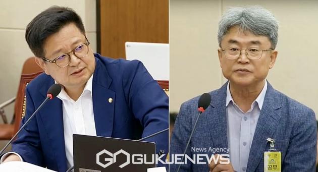 ▲김장겸 국민의힘 의원과 송요훈 증인이 9일 국회 과방위 불법적 방문진 이사 선임 관련 청문회에서 질의답변을 통해 논문표절 의혹 보도를 놓고 설전을 벌이고 있다./사진=원명국 기자